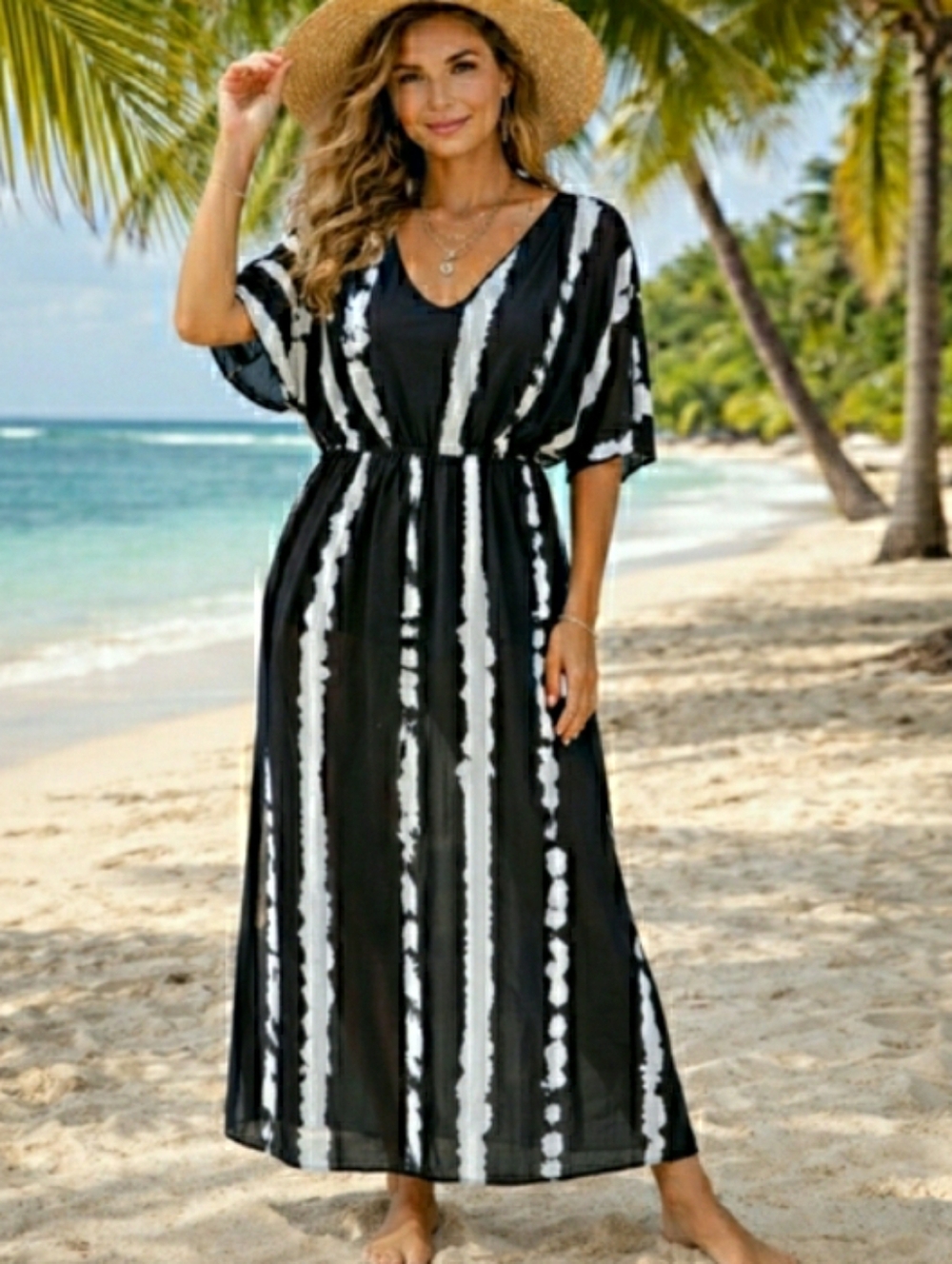 Swimsuit Coverup Vneck Black White Semi Sheer OS ⛱ NEW - Picture 8 of 11